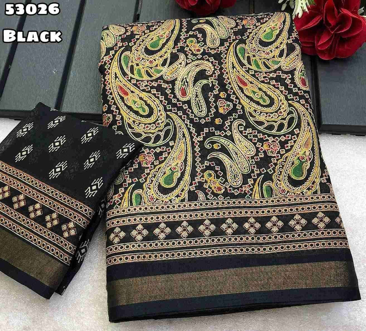 New Soft Mul Cotton Ajrakh Print Saree With Zari Weaving Border Blouse - Printed Blouse