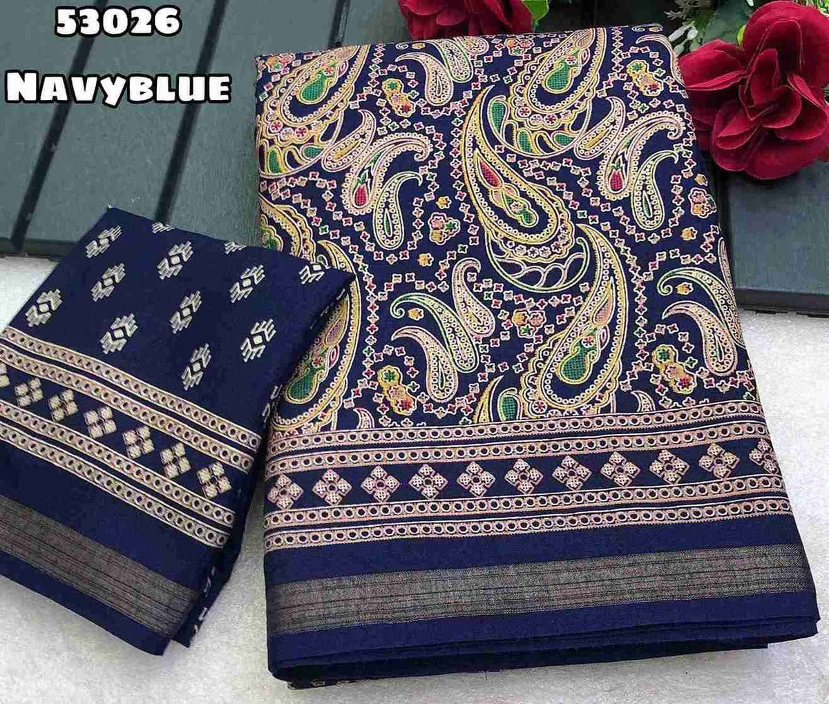 New Soft Mul Cotton Ajrakh Print Saree With Zari Weaving Border Blouse - Printed Blouse