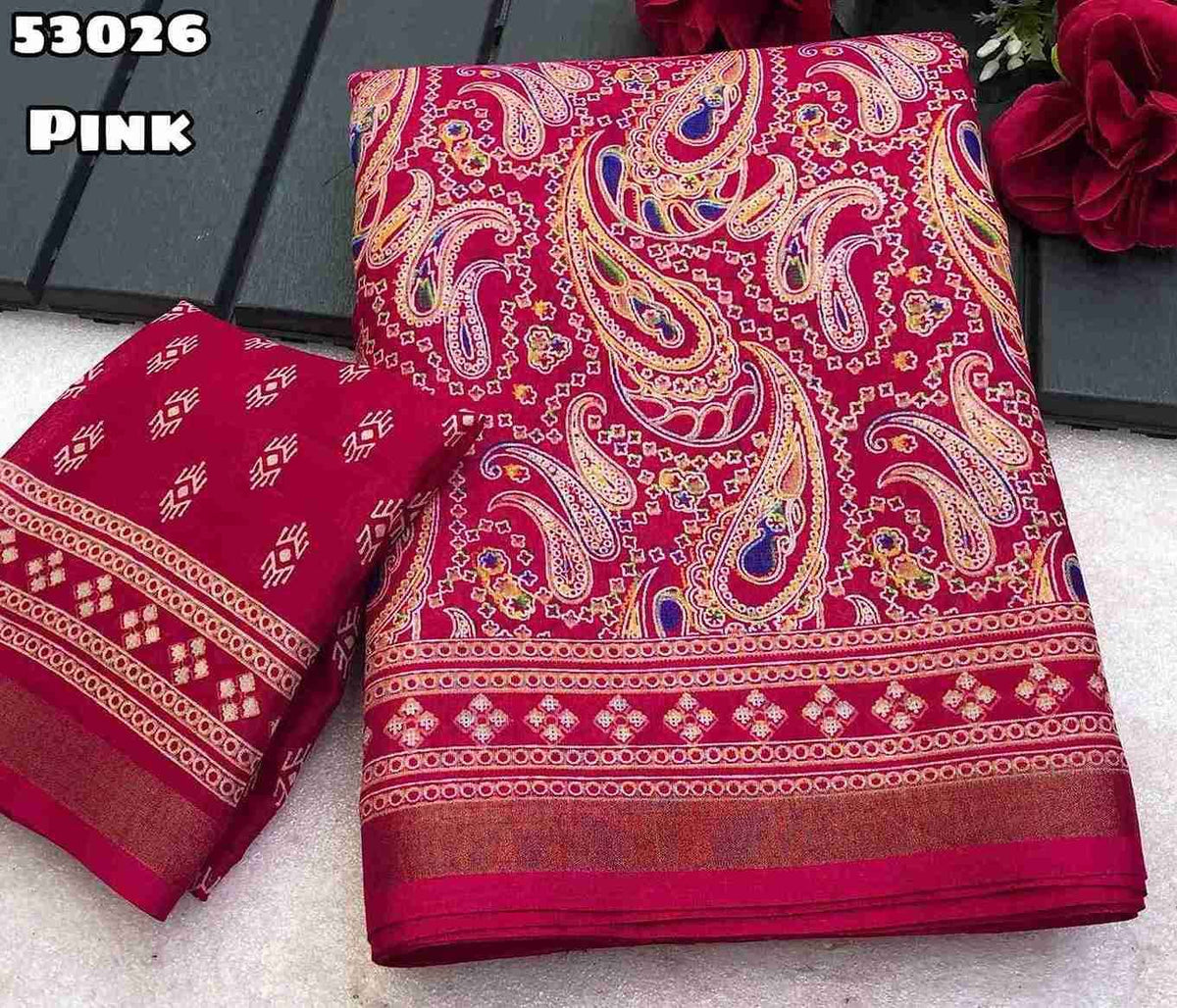 New Soft Mul Cotton Ajrakh Print Saree With Zari Weaving Border Blouse - Printed Blouse