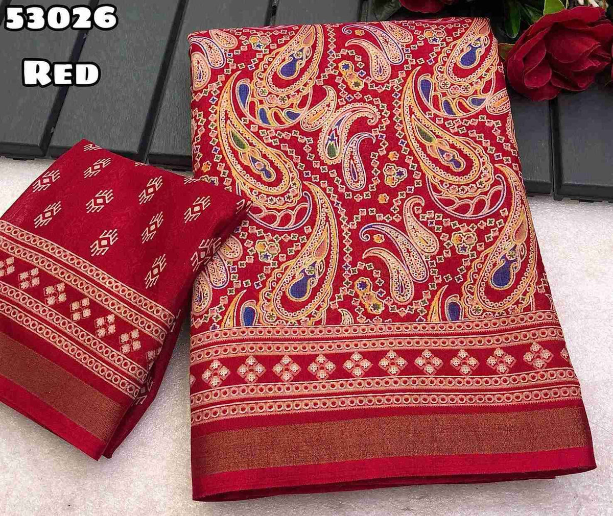 New Soft Mul Cotton Ajrakh Print Saree With Zari Weaving Border Blouse - Printed Blouse