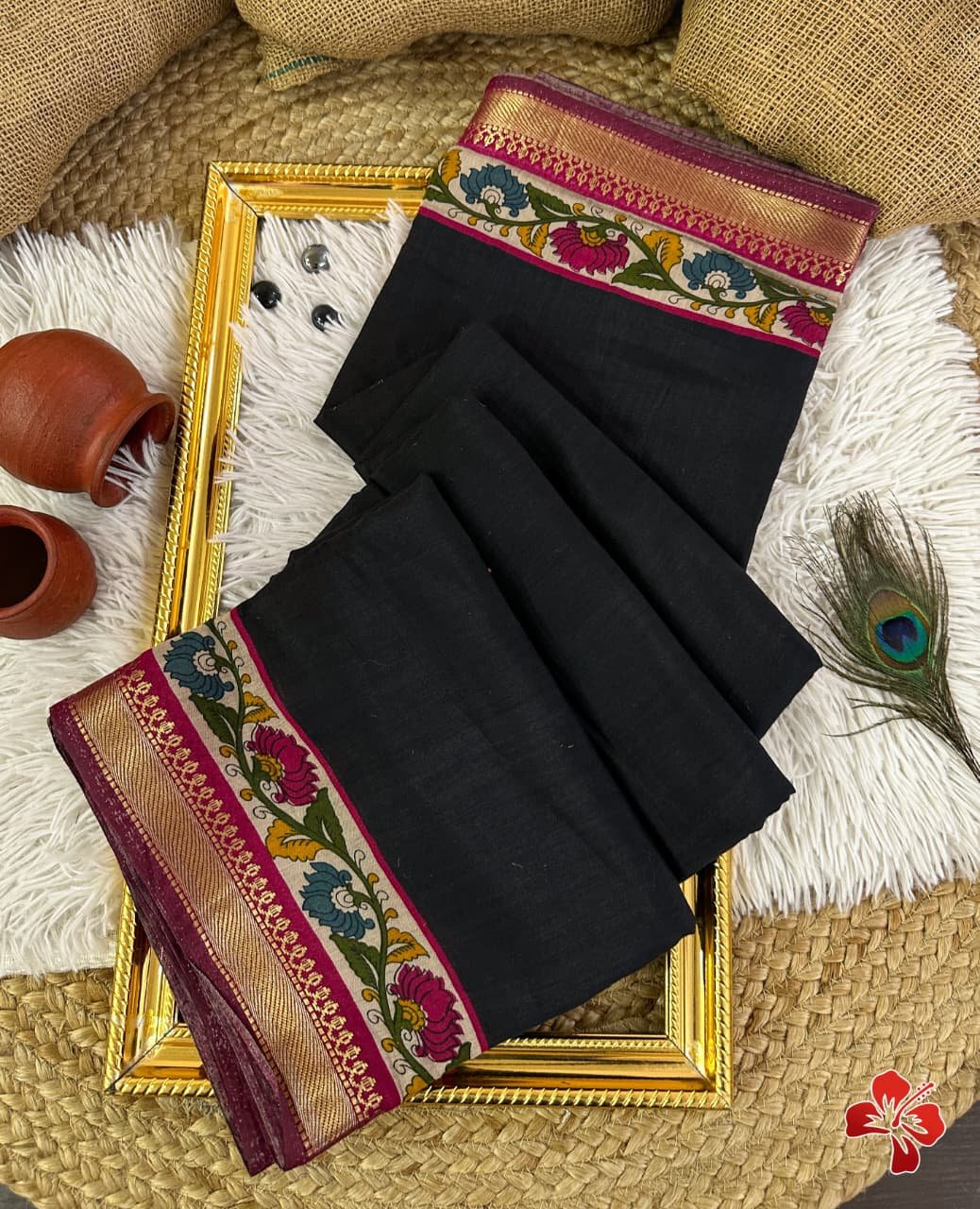 mangalagiri viscose cotton silk printed sarees with kalamkari printed border and rich pallu👗 It comes with small woven borders👗Pairs with kalamkari printed blouse with border