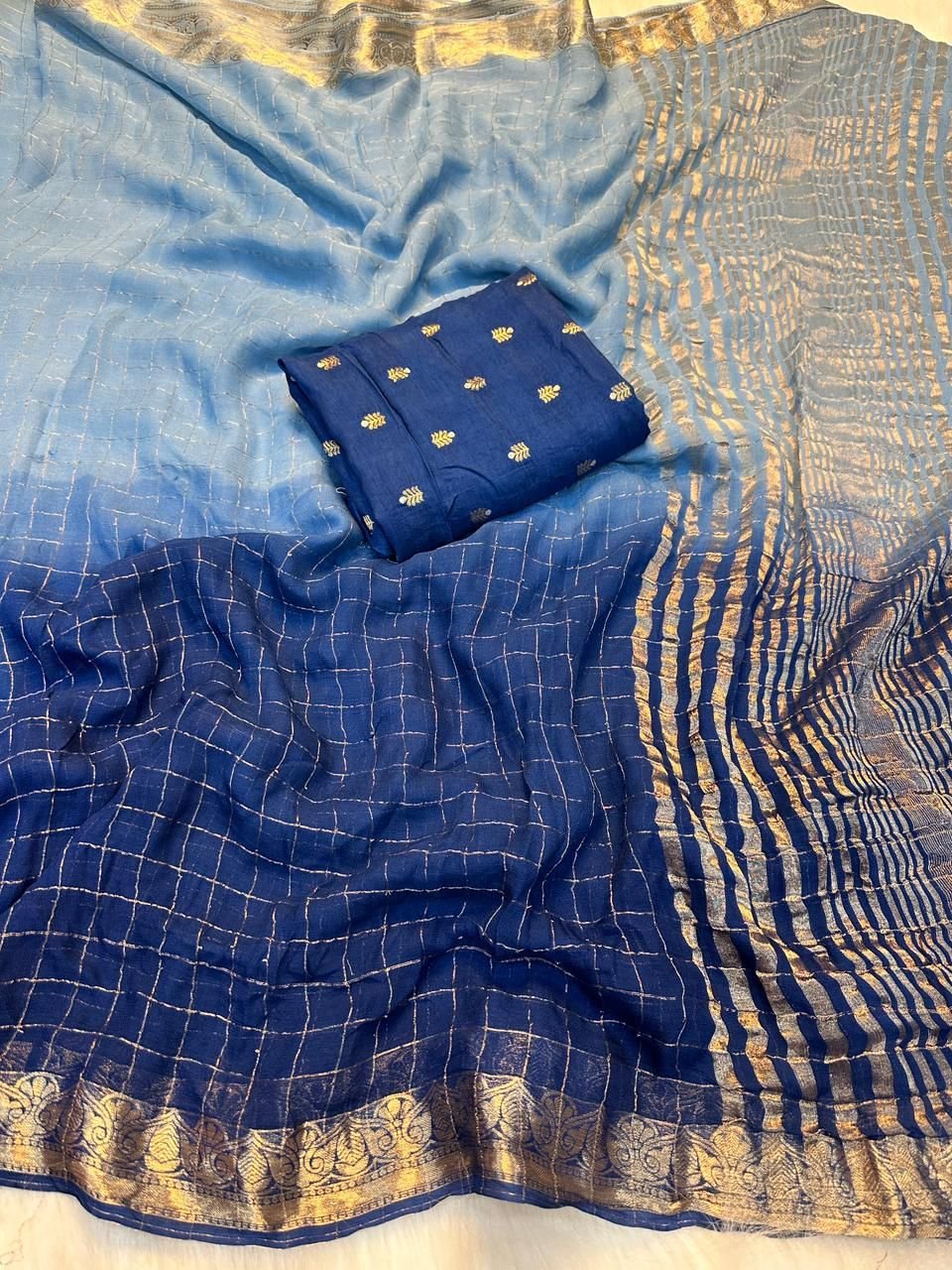 Viscose Georgette Shaded Saree with zari border both sides and lining zari borderin Shaded colour concepts With Contrast viscose dola silk perfectly matched BlouseTop quality assured