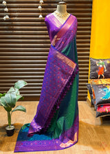 *semi soft silk kanjivaram sarees*All over *weaving buttas over body with contrast big _Pochampally ikkat resham woven border both sides and royal woven Pallu with tassels_*🧶Pairs with *contrast woven blouse*🧵