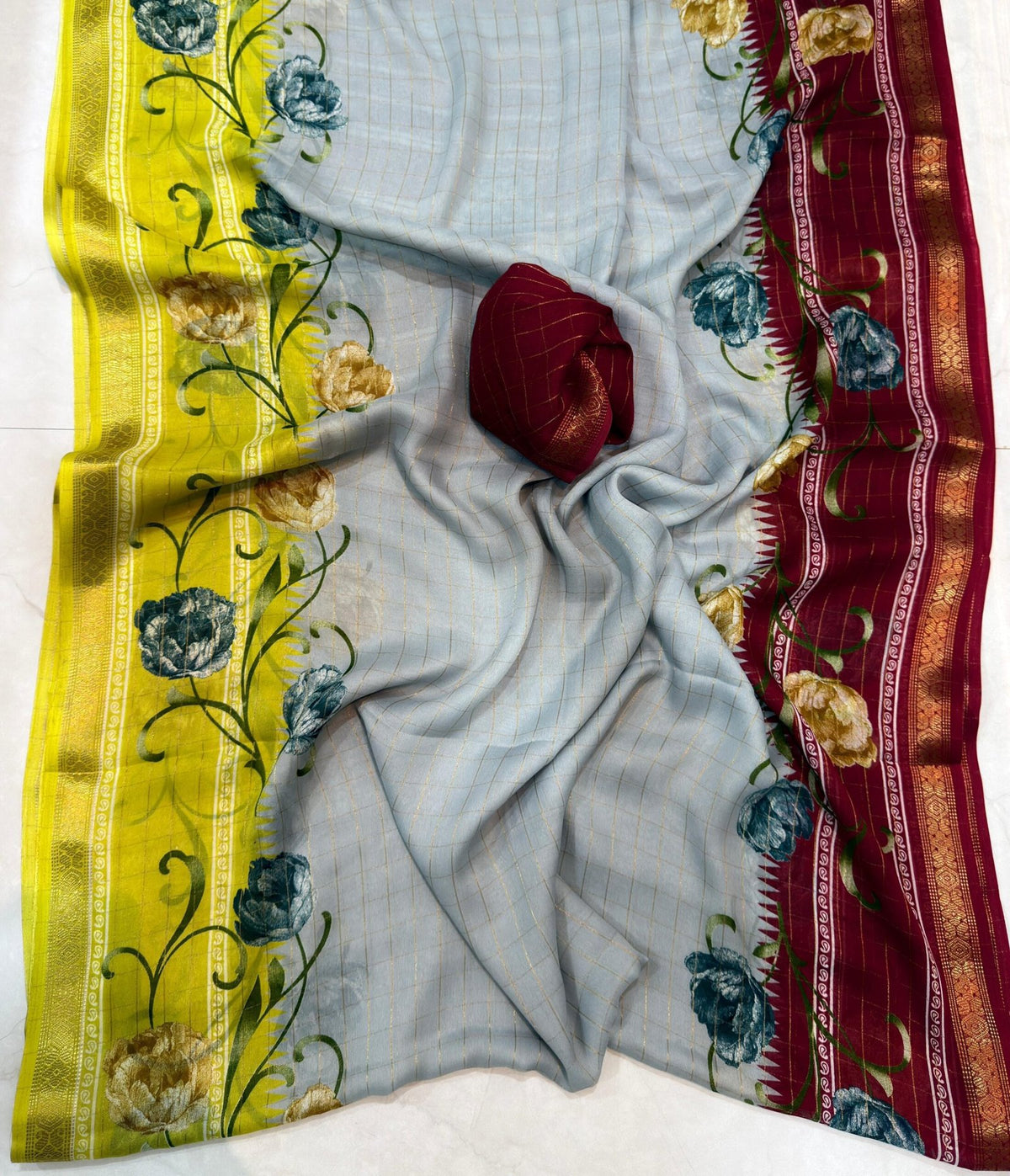 New Arrivals - *Mysore crepe chex* quality- soft crepe chex saree with zari border Beautiful floral print design in shaded colour combinationsWith running blouse