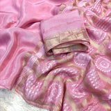 ---Prebook 25 days to ship------..Viscose mysore crepe silk saree with running blouse and weaving bandhani garchola pattern Pallu Saree in super trending colorWith running blouse with lagdi patta