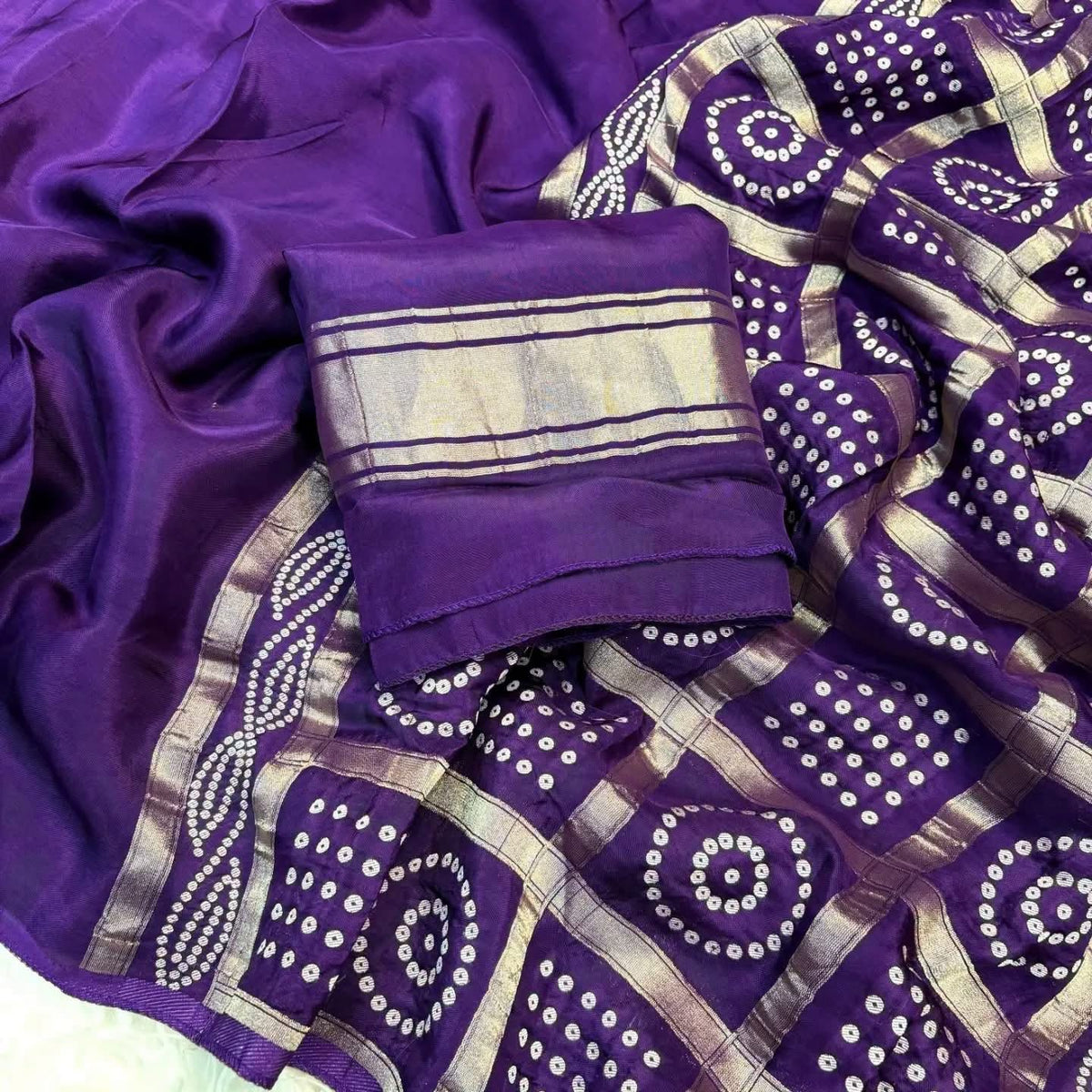 .....25 days to ship...Viscose mysore crepe silk saree with running blouse and weaving bandhani garchola pattern Pallu Saree in super trending colorWith running blouse with lagdi patta