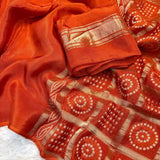 .....25 days to ship... Viscose mysore crepe silk saree with running blouse and weaving bandhani garchola pattern Pallu Saree in super trending colorWith running blouse with lagdi patta