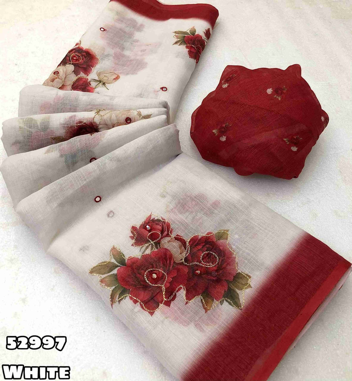 New Soft Linen Floral Digital Printed Saree With Embroidery Work Zari Outing & Foil Mirror Work With Tussle On Pallu Blouse - Digital Printed Blouse weight 520 Grams