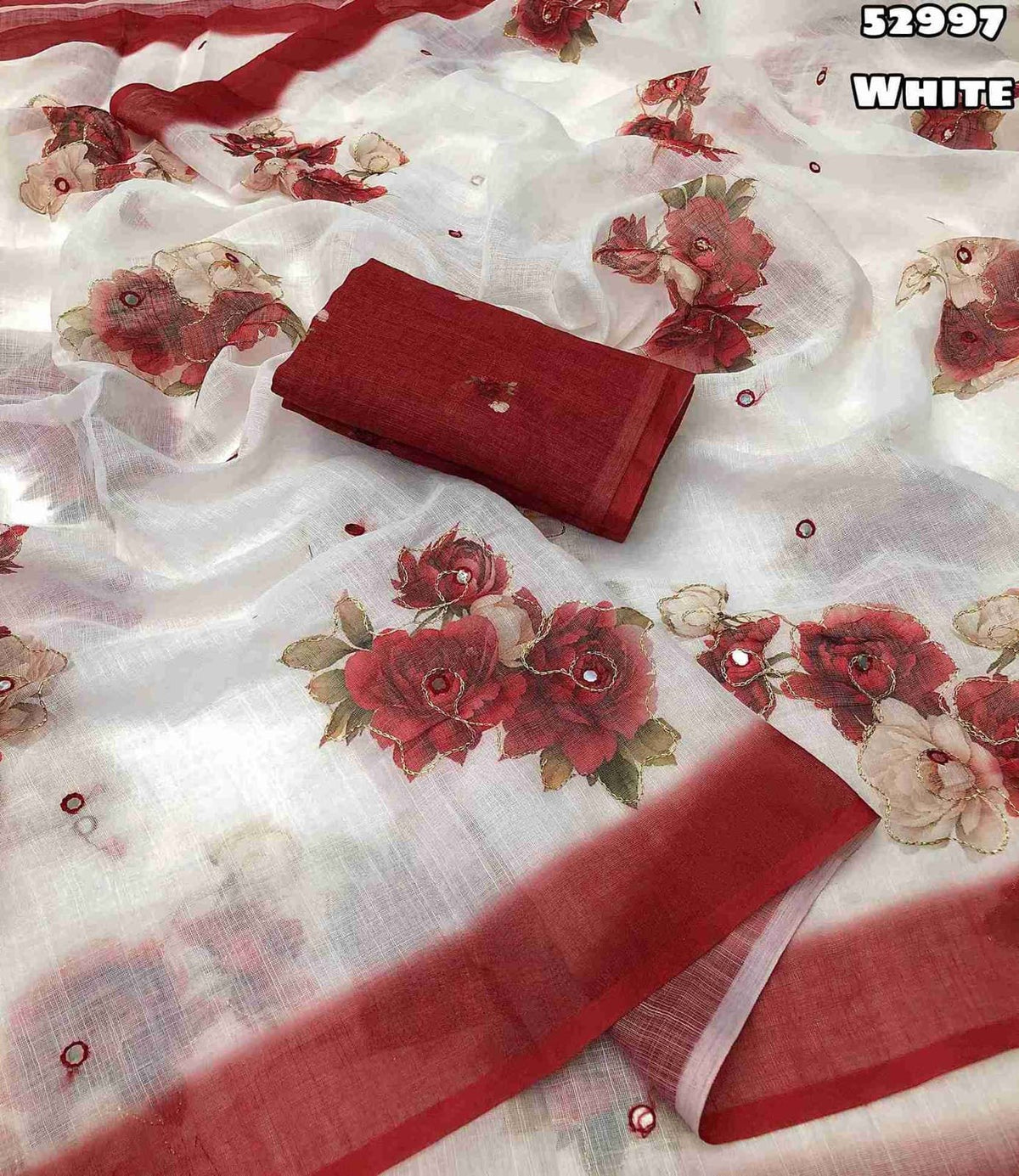 New Soft Linen Floral Digital Printed Saree With Embroidery Work Zari Outing & Foil Mirror Work With Tussle On Pallu Blouse - Digital Printed Blouse weight 520 Grams