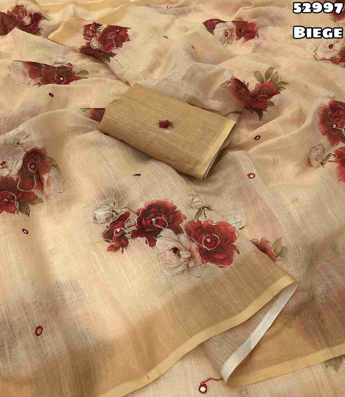 New Soft Linen Floral Digital Printed Saree With Embroidery Work Zari Outing & Foil Mirror Work With Tussle On Pallu Blouse - Digital Printed Blouse weight 520 Grams