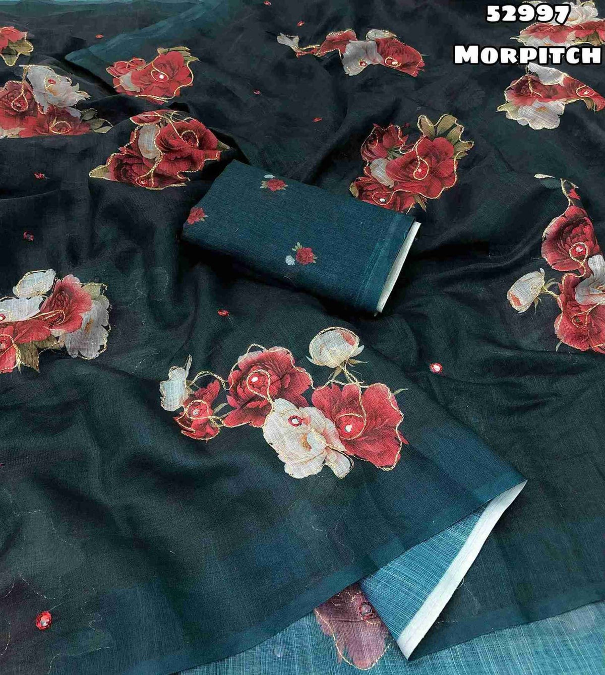 New Soft Linen Floral Digital Printed Saree With Embroidery Work Zari Outing & Foil Mirror Work With Tussle On Pallu Blouse - Digital Printed Blouse weight 520 Grams