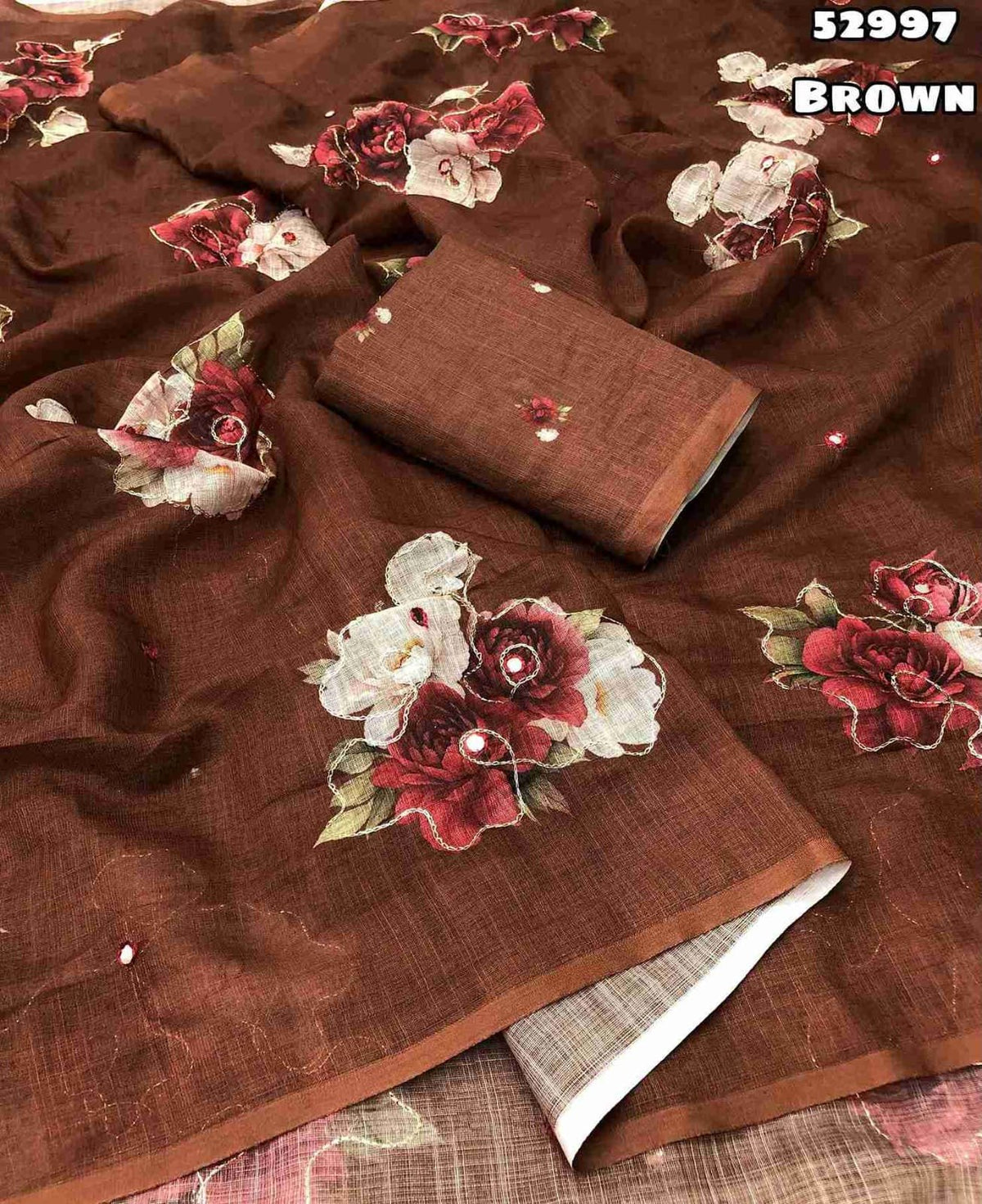 New Soft Linen Floral Digital Printed Saree With Embroidery Work Zari Outing & Foil Mirror Work With Tussle On Pallu Blouse - Digital Printed Blouse weight 520 Grams