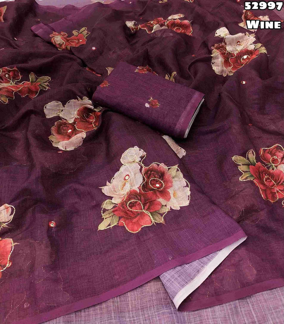 New Soft Linen Floral Digital Printed Saree With Embroidery Work Zari Outing & Foil Mirror Work With Tussle On Pallu Blouse - Digital Printed Blouse weight 520 Grams