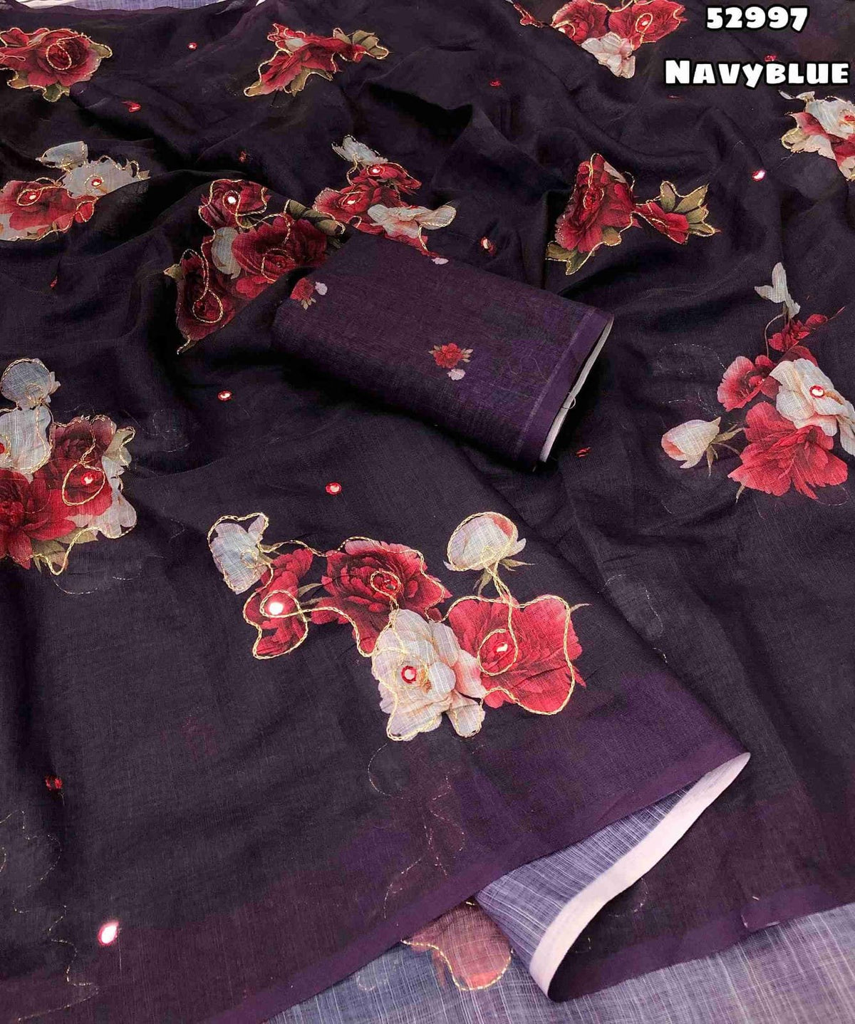 New Soft Linen Floral Digital Printed Saree With Embroidery Work Zari Outing & Foil Mirror Work With Tussle On Pallu Blouse - Digital Printed Blouse weight 520 Grams