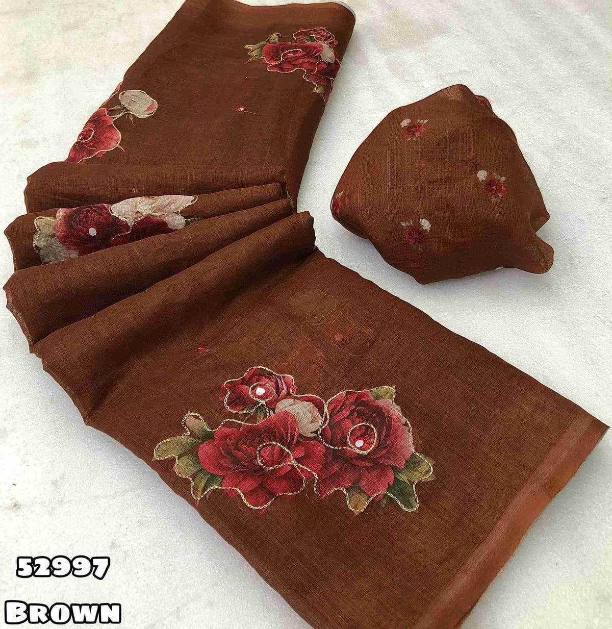 New Soft Linen Floral Digital Printed Saree With Embroidery Work Zari Outing & Foil Mirror Work With Tussle On Pallu Blouse - Digital Printed Blouse weight 520 Grams