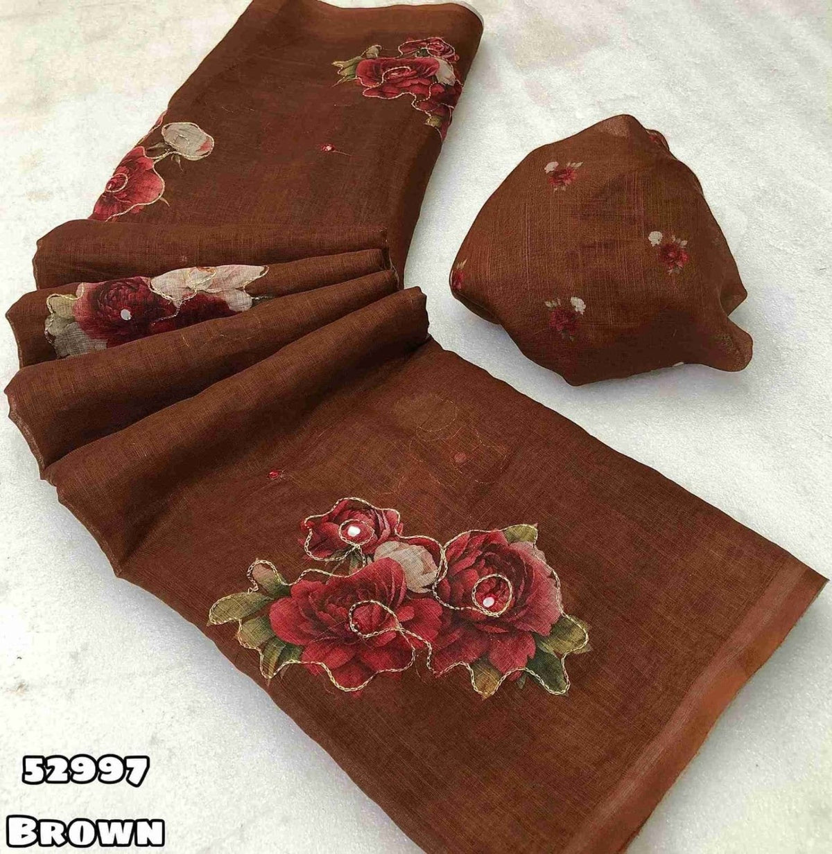 New Soft Linen Floral Digital Printed Saree With Embroidery Work Zari Outing & Foil Mirror Work With Tussle On Pallu Blouse - Digital Printed Blouse weight 520 Grams