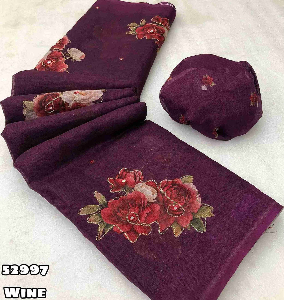 New Soft Linen Floral Digital Printed Saree With Embroidery Work Zari Outing & Foil Mirror Work With Tussle On Pallu Blouse - Digital Printed Blouse weight 520 Grams