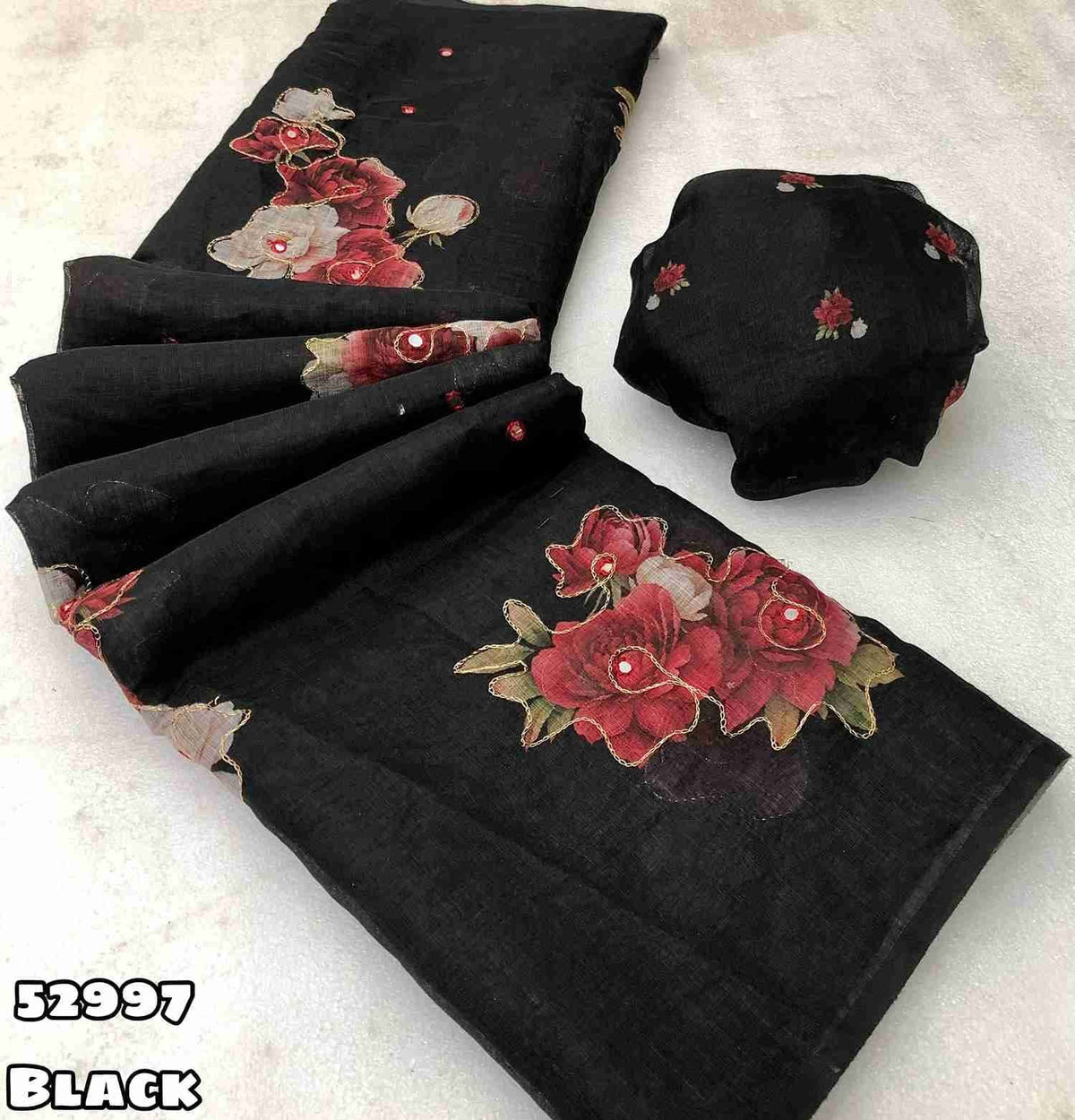 New Soft Linen Floral Digital Printed Saree With Embroidery Work Zari Outing & Foil Mirror Work With Tussle On Pallu Blouse - Digital Printed Blouse weight 520 Grams