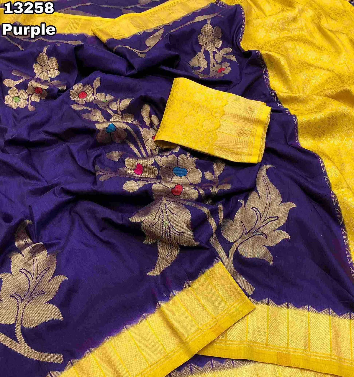 Fabric - Soft & Smooth Banarasi Soft Dola Silk Floral Design Mina Weave Hand Dyed Saree With Rich Weaving Pallu Blouse - Contrast Brocade Weaving BlouseSaree cut - 5.5 meter Blouse cut - 0.8 meterAvailable in 2 Colours Weight - 700 Grams
