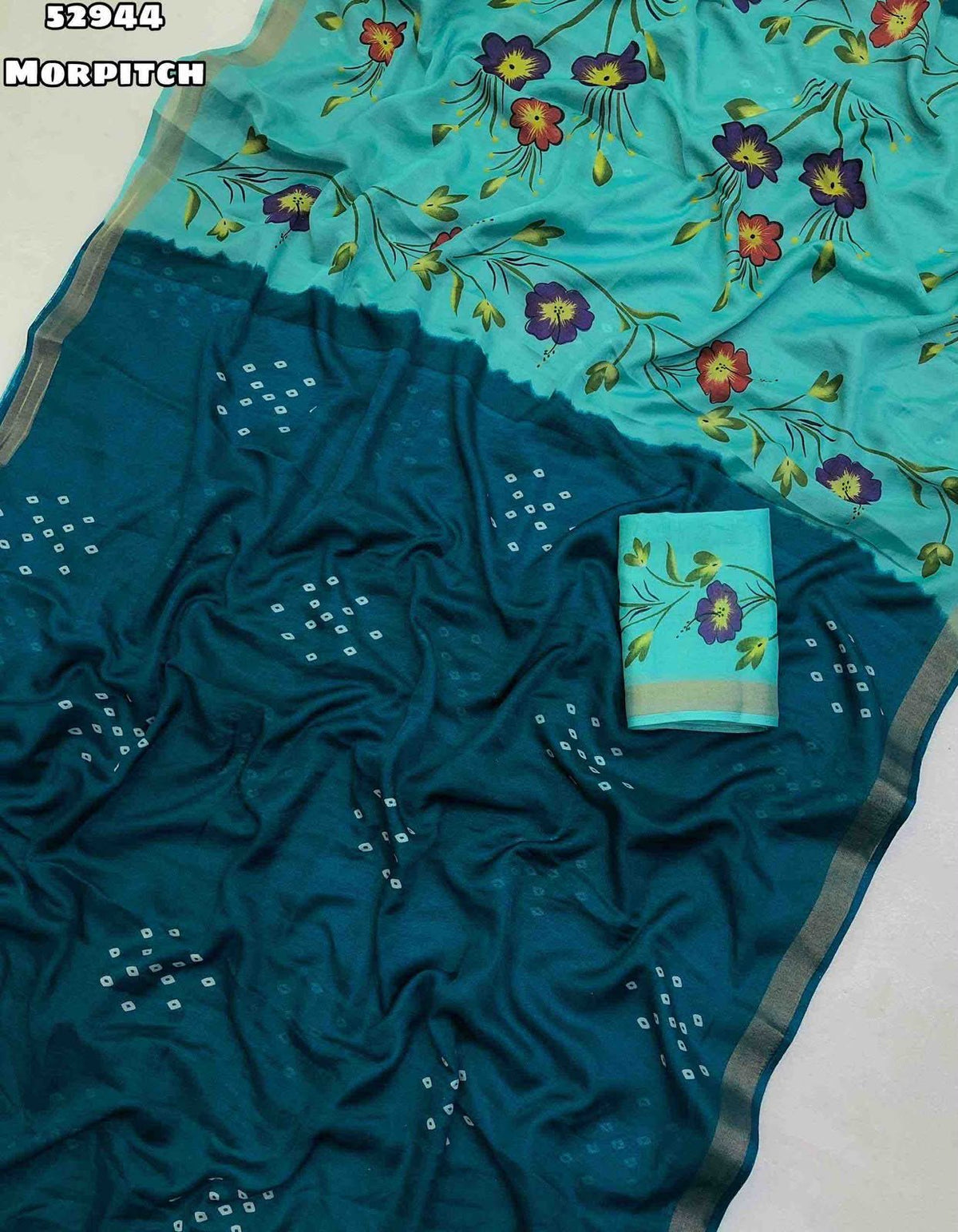 Fabric - Launching New Mul Cotton Bandani Print With Zari Border & Brush Print Style Floral Printed Pallu Blouse - Printed BlouseWeight 460 Grams