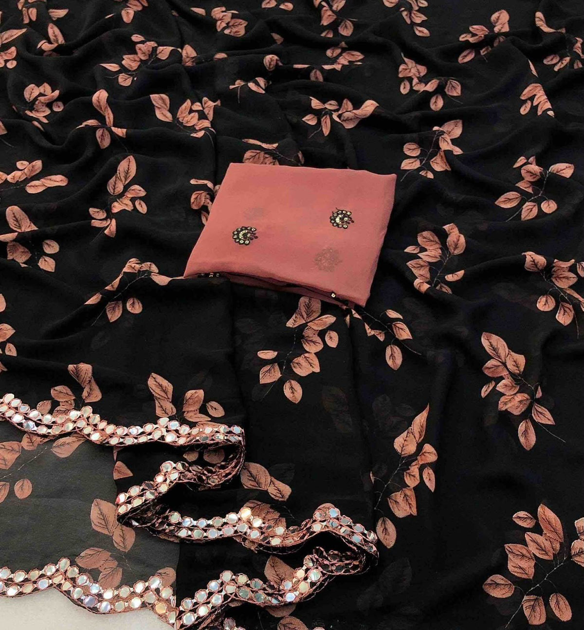 Soft weightless chiffon floral print with embroidery & foil mirror work with scalloped cutwork border Blouse - Contrast embroidery & sequence work blouse