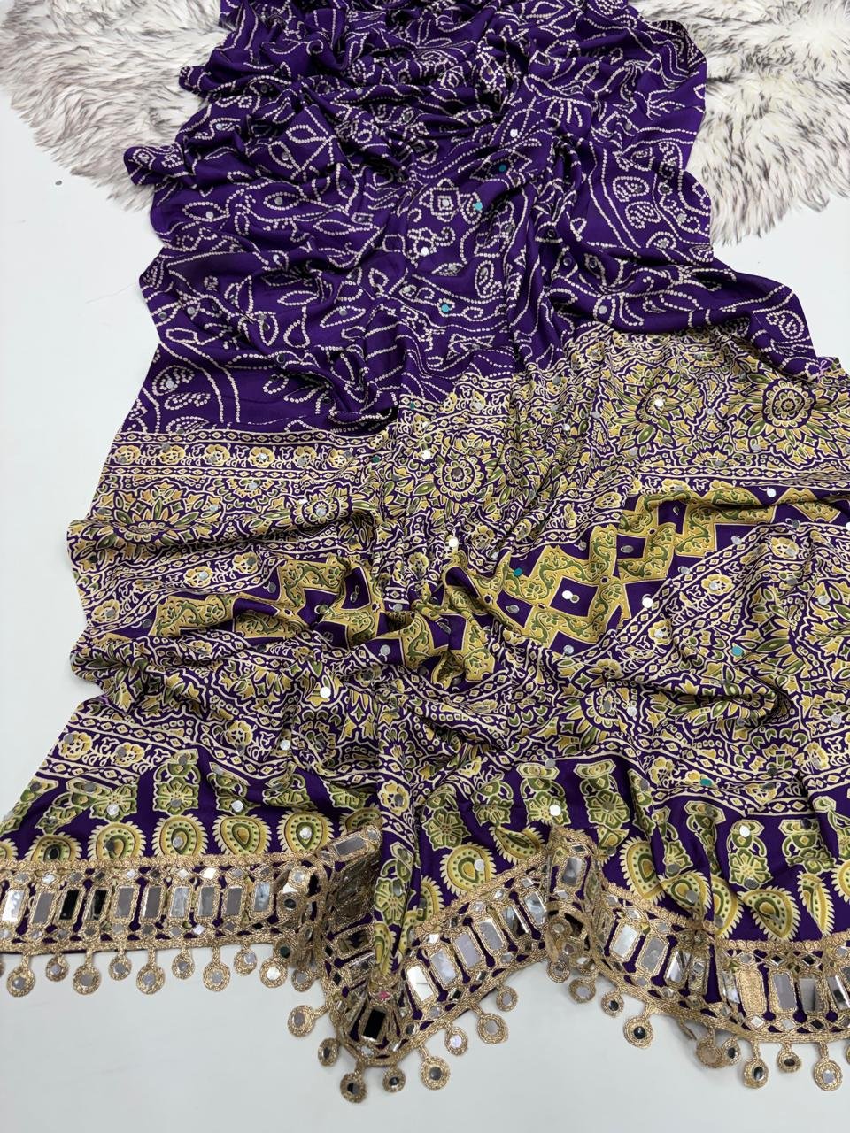 Arjakh Satin viscose silk saree with designer print Sarees Rich Pallu with Designer Original Mirror Work All over saree With* *Heavy mirror Designer lace On Pallu*