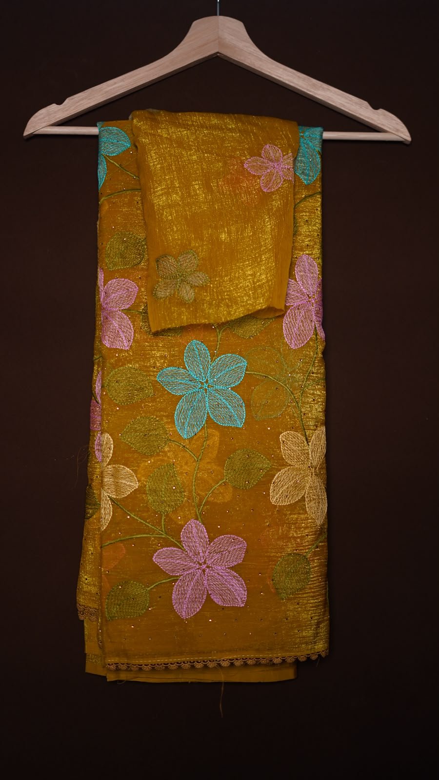 Soft crunchy crush saree with multi colour flower jaal embroidery work and stone work patternWith matching lace border attachedBlouse - matching colour embroidery work blouse1499/-