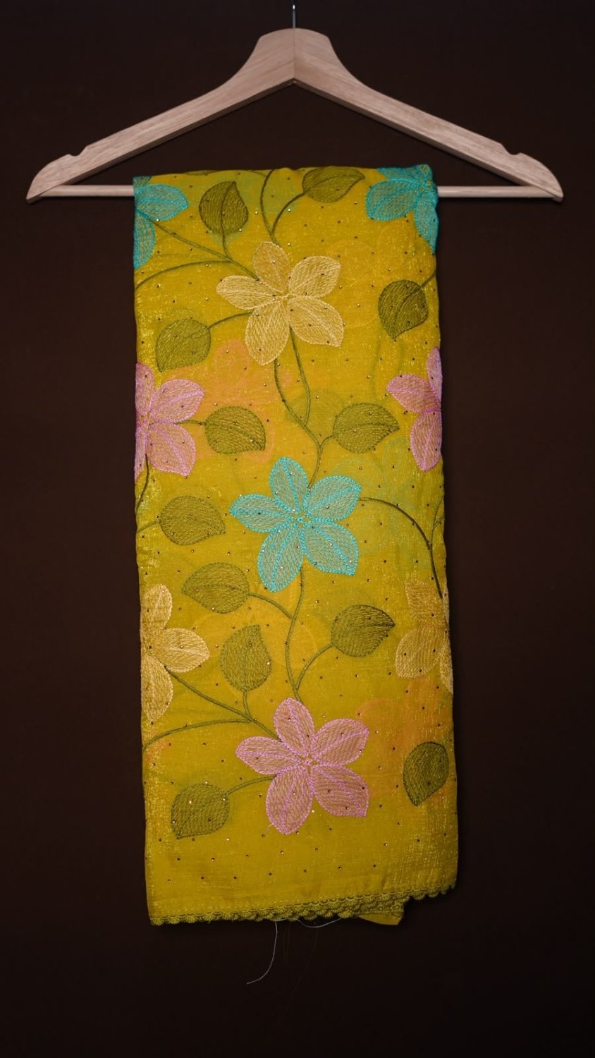 Soft crunchy crush saree with multi colour flower jaal embroidery work and stone work patternWith matching lace border attachedBlouse - matching colour embroidery work blouse1499/-