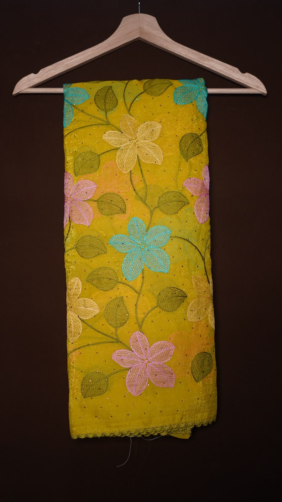 Soft crunchy crush saree with multi colour flower jaal embroidery work and stone work patternWith matching lace border attachedBlouse - matching colour embroidery work blouse1499/-