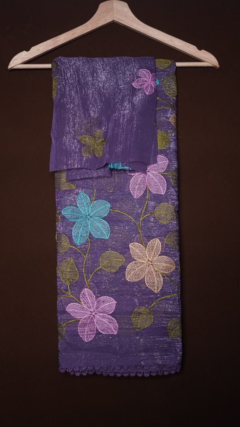Soft crunchy crush saree with multi colour flower jaal embroidery work and stone work patternWith matching lace border attachedBlouse - matching colour embroidery work blouse1499/-