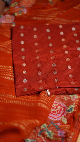 FRESH ARRIVAL❤️ Pure soft chiffon saree withfancy weaving patta all with 6 needlepetite point workwith all over buttis on sareeTeamed with 1 mtr viscose diable blouse peice with weaving buttis