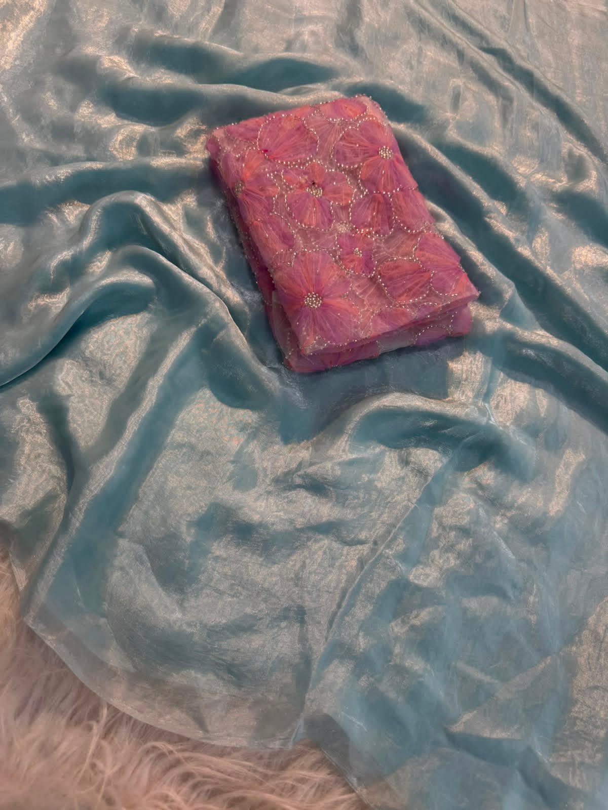 Soft fandy satin silk saree Blouse :- net with beautiful printedribbion work n beads with moti work designer blouse