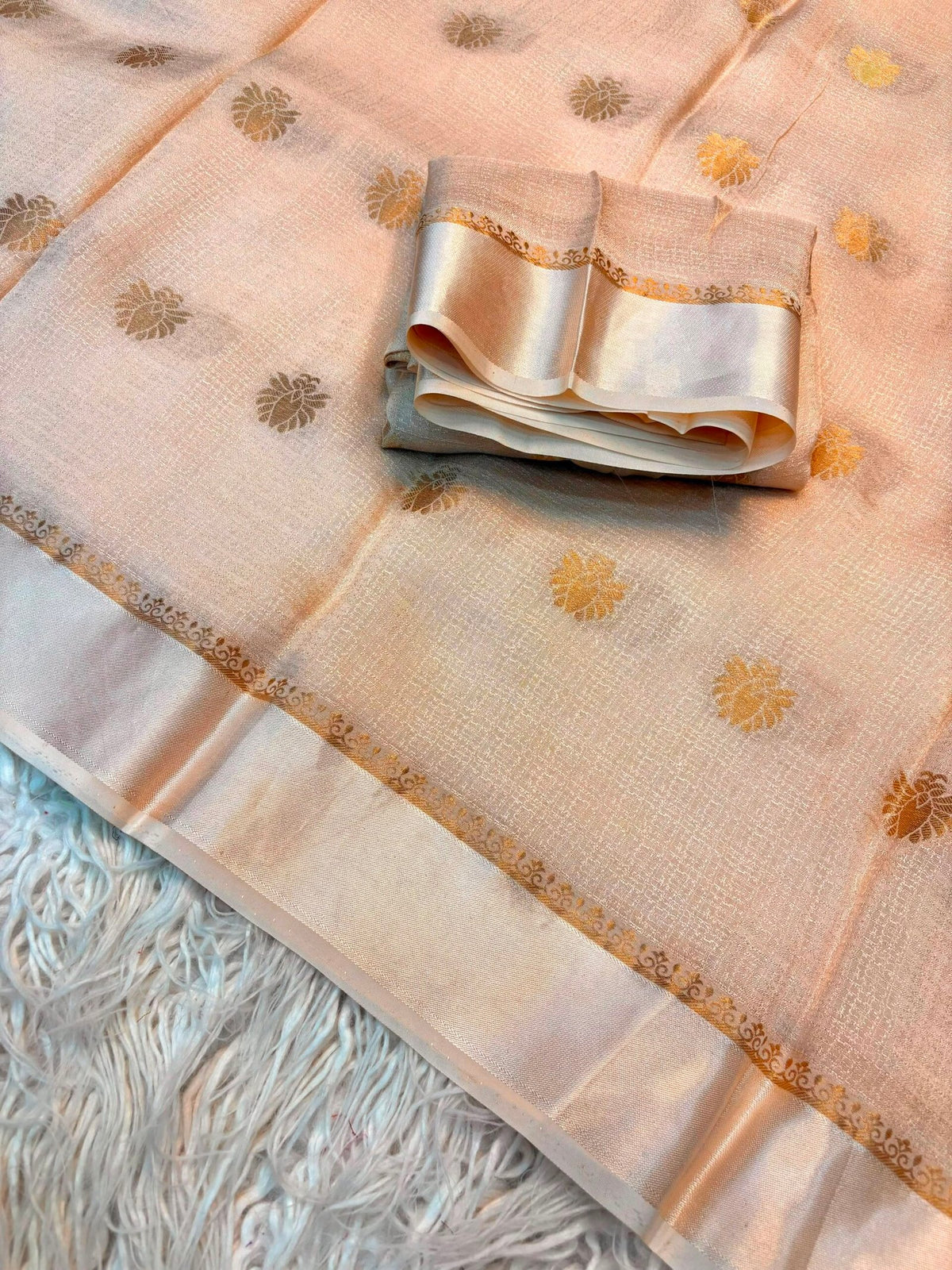 Soft Viscose Khadi silk fabric with satin border both side and jacquard flower design all over with running blouse
