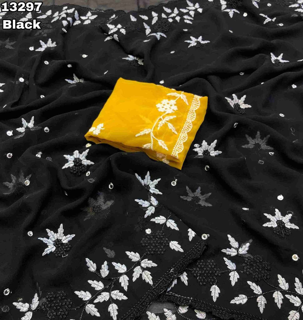 Fabric - Georgette With Floral Design Embroidery With Scalloped Cutwork Border & Foil Mirror Work Allover Blouse - Contrast Embroidery Work BlouseSaree cut - 5.5 meter Blouse cut - 0.8 meter Available in 6 colours Weight - 590 Grams