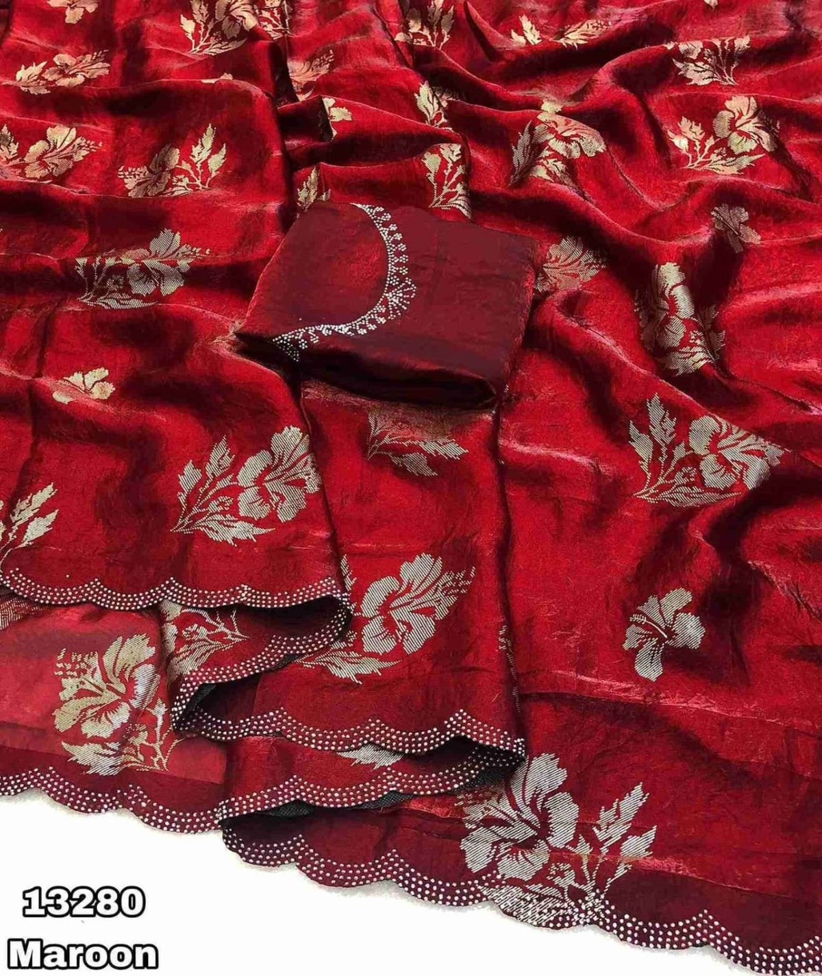 Fabric Details - New Space Silk Floral Design Foil Printed Saree With Siroski Work Border Blouse - Siroski Work BlouseCut - 6.30 Weight - 450 Grams