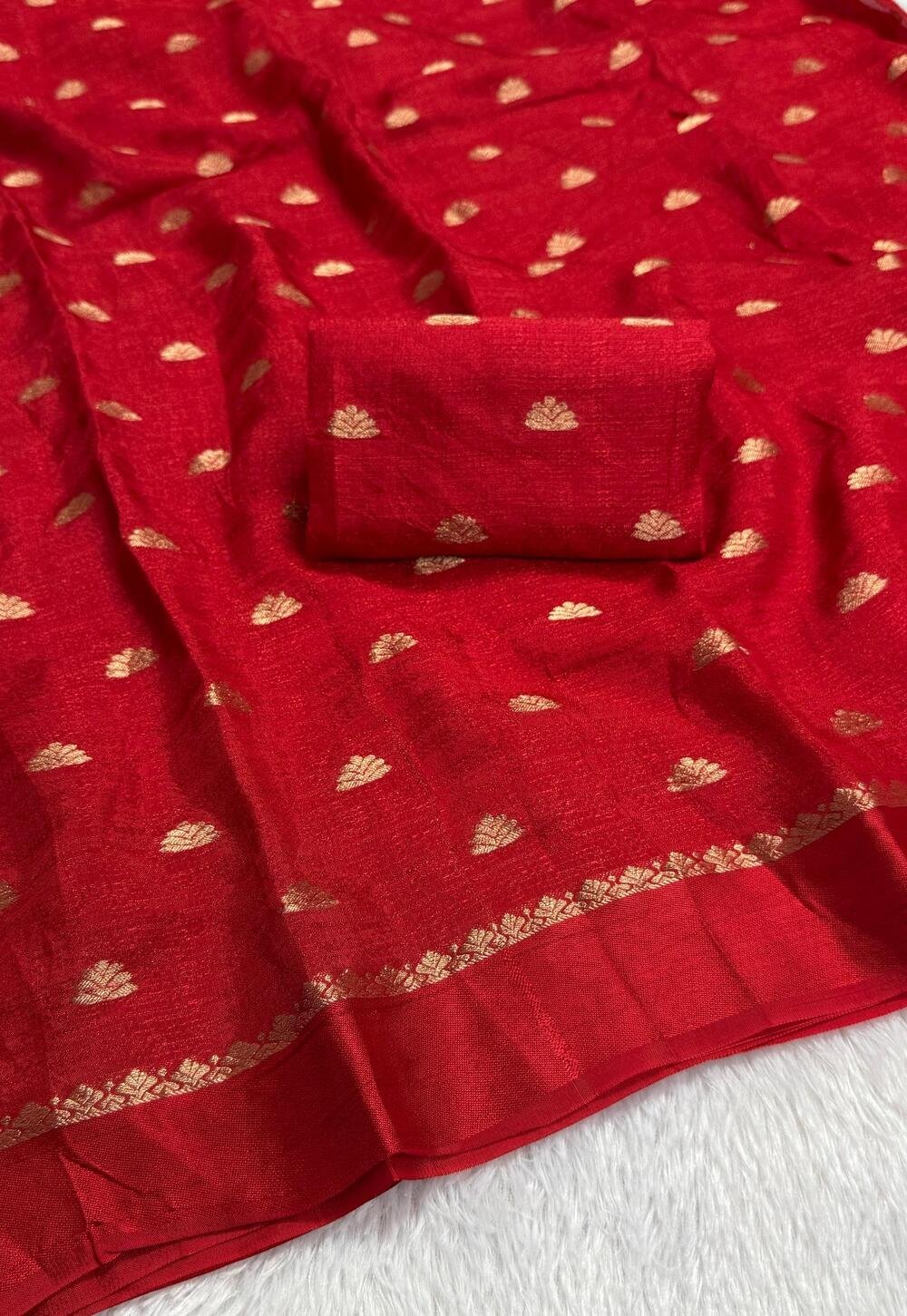Soft Viscose Khadi silk fabric with satin border both side jacquard small butti weaving design all over with running blouse.. Partywear trending saree..