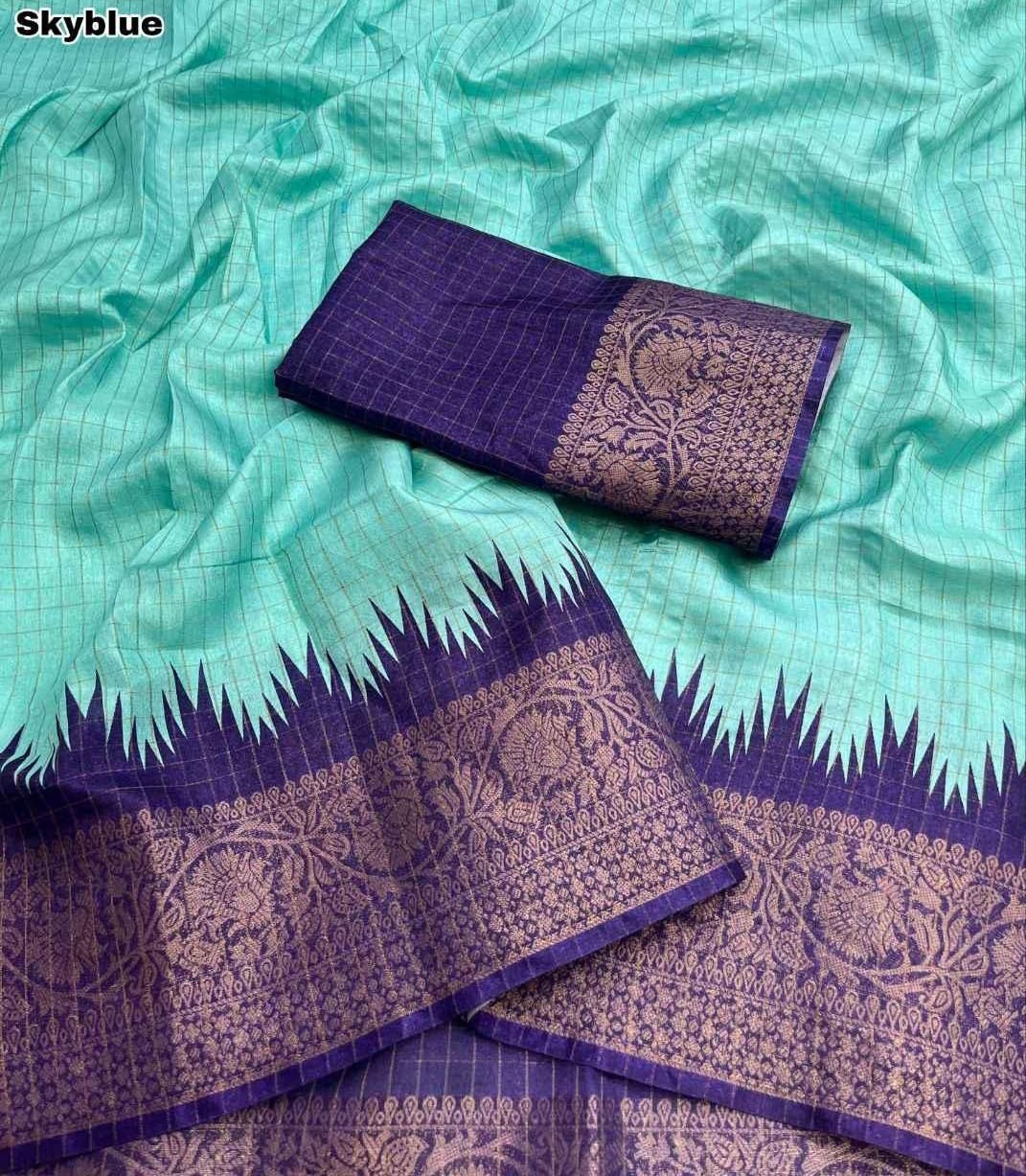 Soft chenderi chex weaving with temple design digital print with jaquard weaving border .. Blouse - Contrast blouse weight 470 Grams