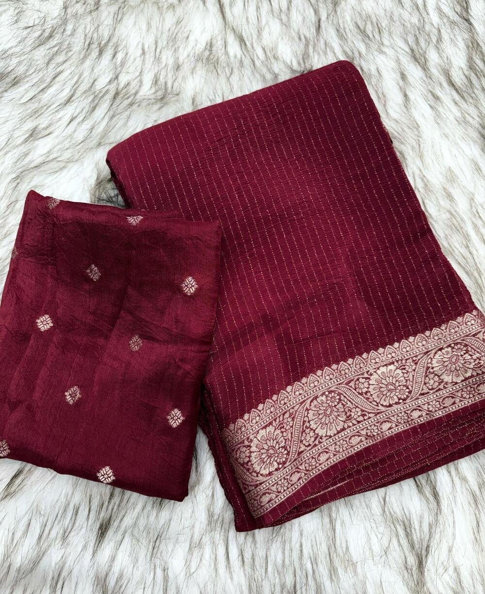 Pure viscose Chinon silk saree with lurex zari in body and jacquard weave borderwith matching viscose zari butti blouse Saree with perfect width and color quality
