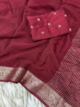 Pure viscose Chinon silk saree with lurex zari in body and jacquard weave borderwith matching viscose zari butti blouse Saree with perfect width and color quality