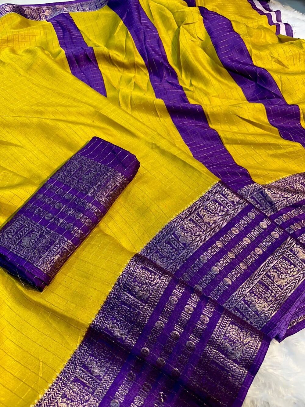 Soft smooth Dola silk with zari weaving big border and zari chex all overPretty colour combination dola silk sareeContrast dola silk blouse