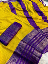 Soft smooth Dola silk with zari weaving big border and zari chex all overPretty colour combination dola silk sareeContrast dola silk blouse