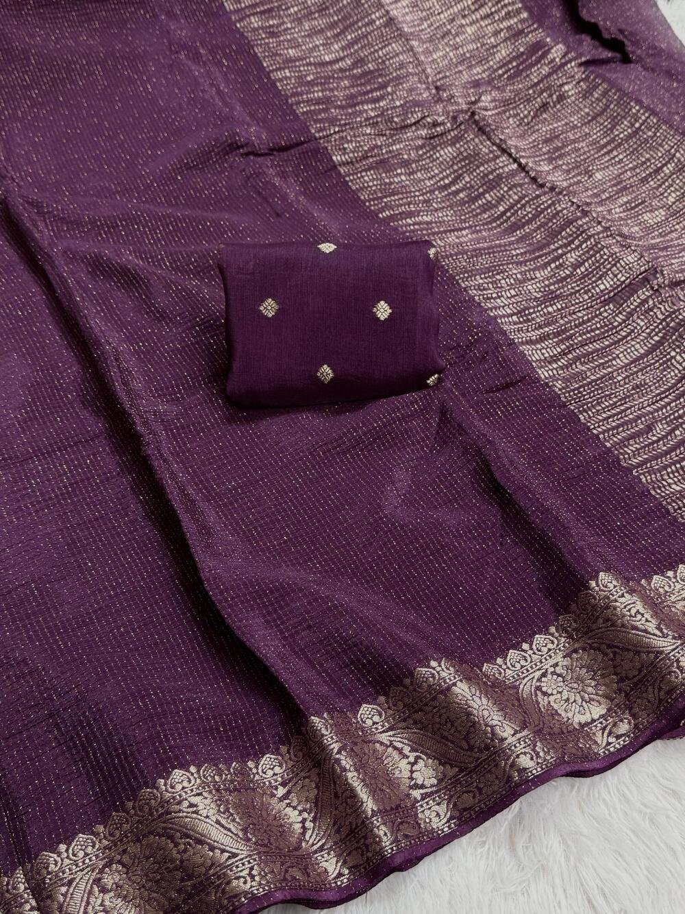 Pure viscose Chinon silk saree with lurex zari in body and jacquard weave borderwith matching viscose zari butti blouse Saree with perfect width and color quality