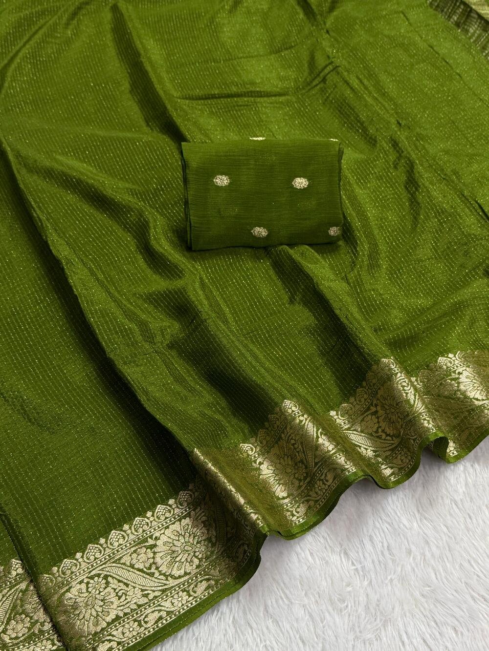 Pure viscose Chinon silk saree with lurex zari in body and jacquard weave borderwith matching viscose zari butti blouse Saree with perfect width and color quality