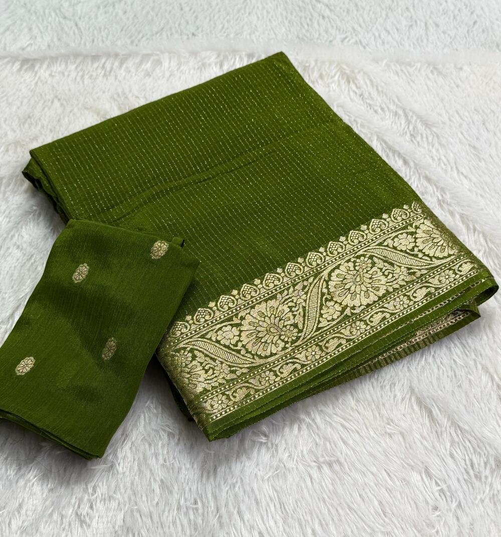 Pure viscose Chinon silk saree with lurex zari in body and jacquard weave borderwith matching viscose zari butti blouse Saree with perfect width and color quality