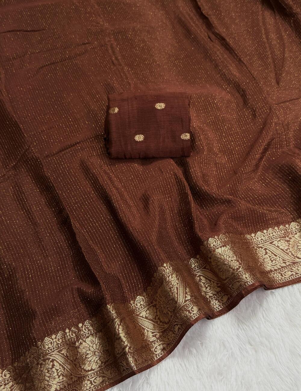 Pure viscose Chinon silk saree with lurex zari in body and jacquard weave borderwith matching viscose zari butti blouse Saree with perfect width and color quality