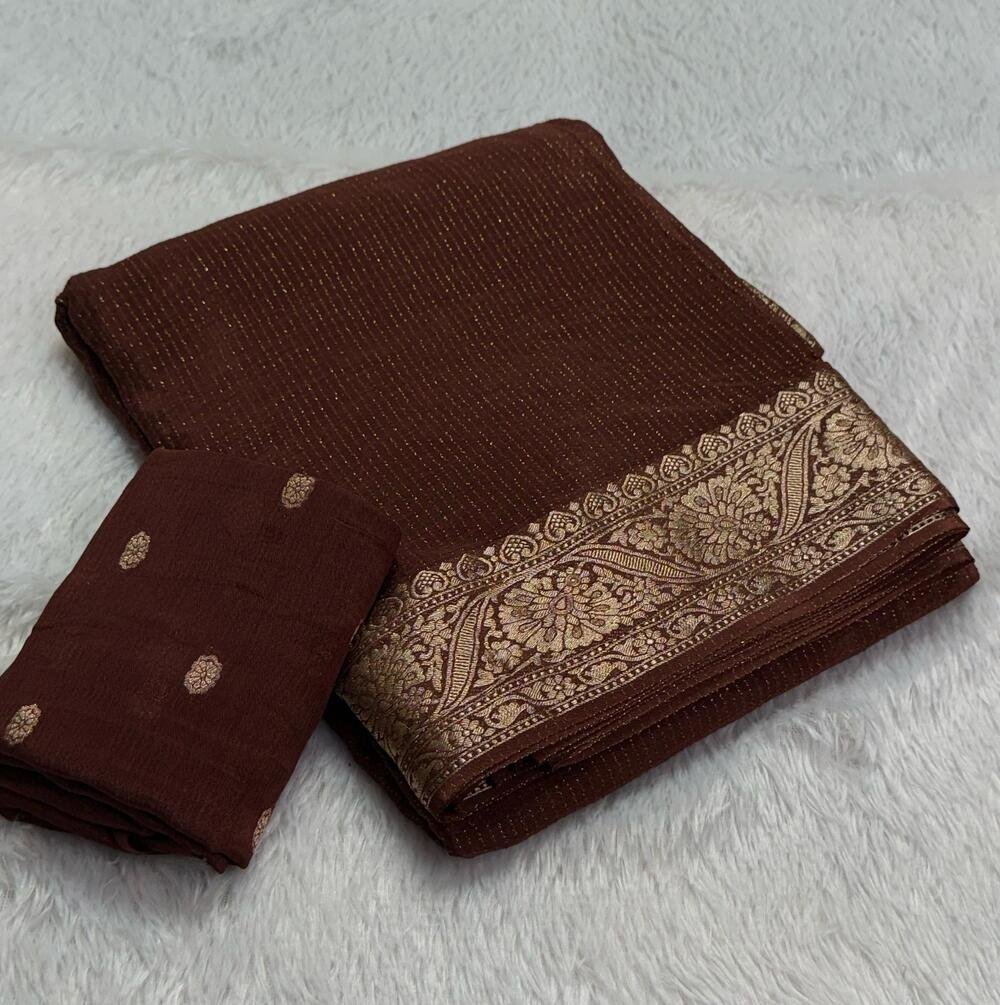 Pure viscose Chinon silk saree with lurex zari in body and jacquard weave borderwith matching viscose zari butti blouse Saree with perfect width and color quality