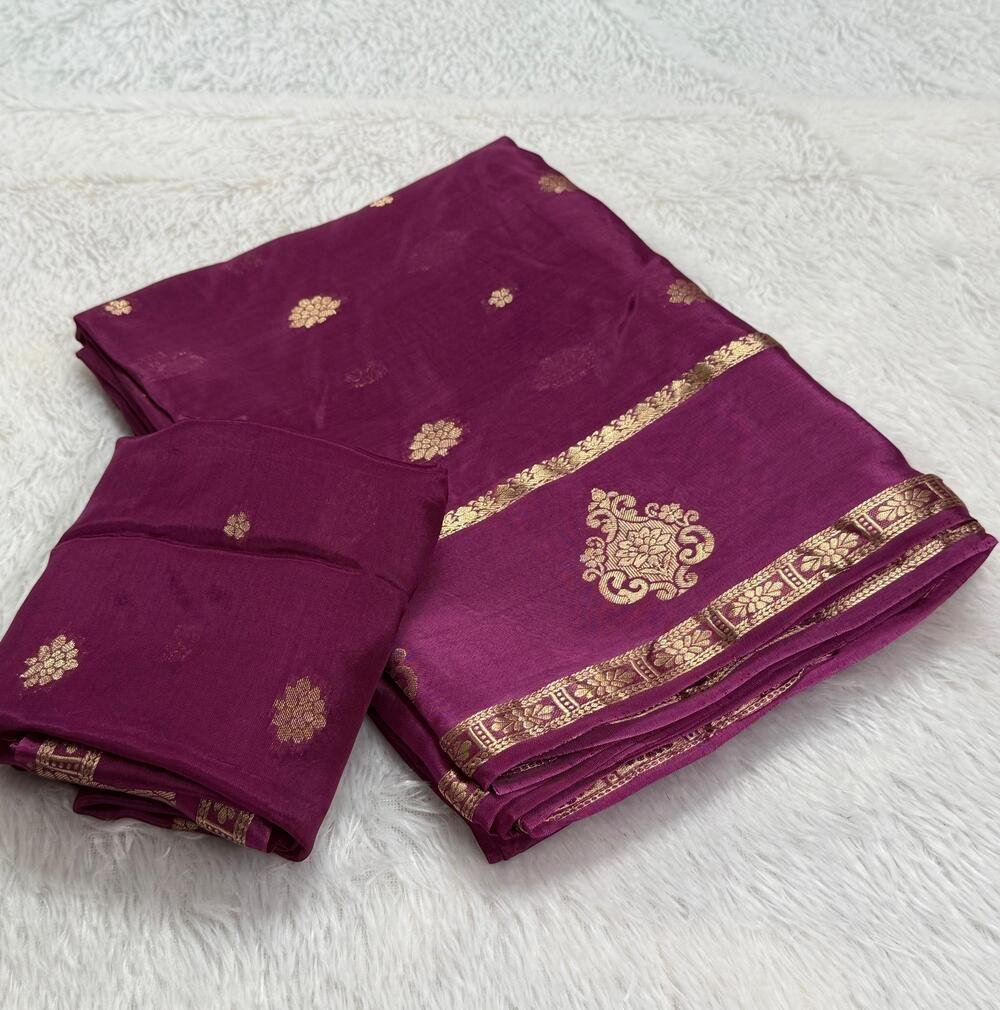 Crown Crepe ππ soft Viscose Crepe silk fabric with jacquard crown figure design in panel and body with running blouseFabric is pure and too soft