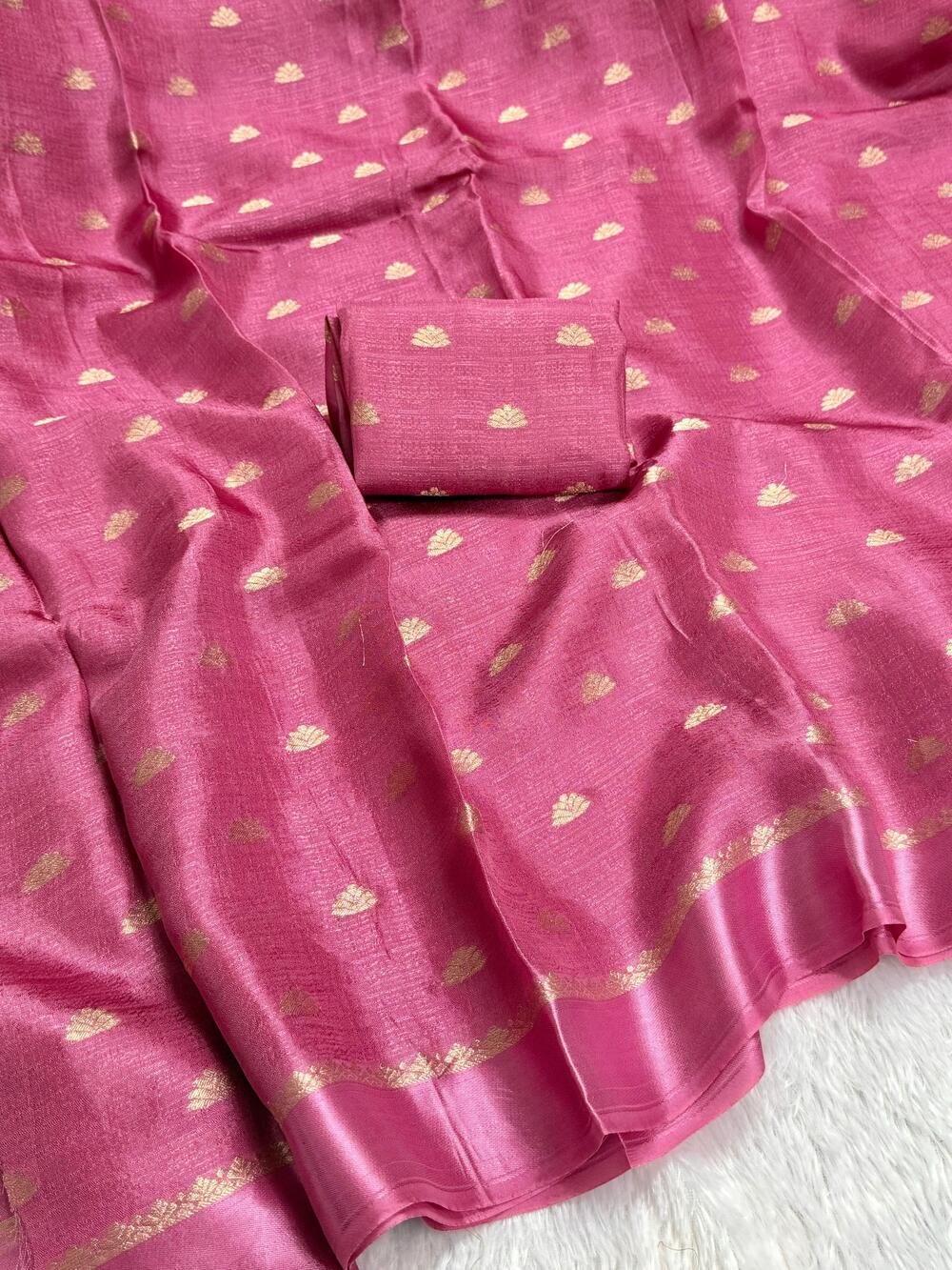 Viscose khadi silkPure soft Viscose Khadi silk fabric with satin border both side jacquard half flower figure design all over with running blouse Partywear trending saree Fabric is pure and too soft