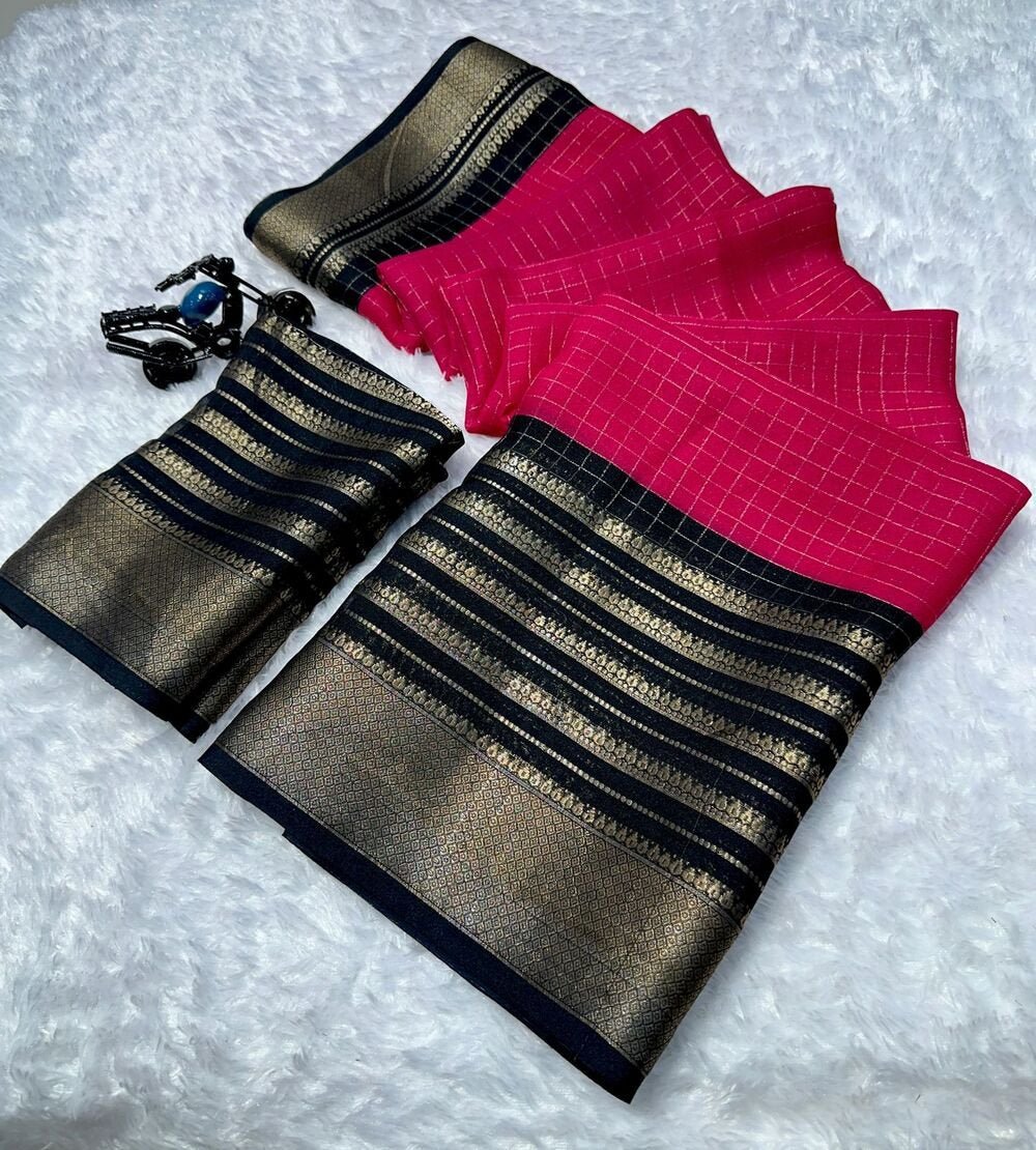 Mysore crepe silksSoft mysore crepe with zari chex pattern and contrast zari lining concept border with contrast crepe blouse Soft n flowy material, very comfortable to wear