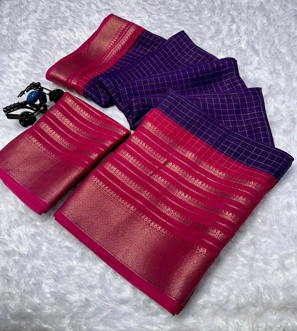 Mysore crepe silksSoft mysore crepe with zari chex pattern and contrast zari lining concept border with contrast crepe blouse Soft n flowy material, very comfortable to wear